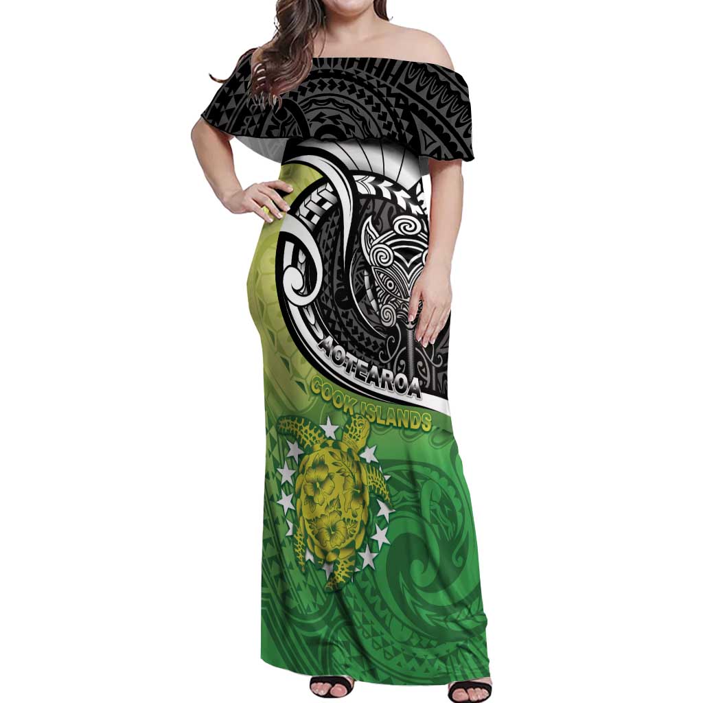 Personalised New Zealand Cook Islands Off Shoulder Maxi Dress Maori Tiki With Circle Stars Turtle LT05 Women Multicolor - Polynesian Pride