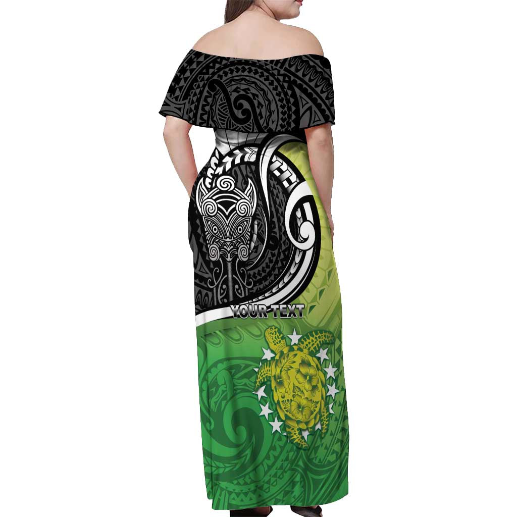 Personalised New Zealand Cook Islands Off Shoulder Maxi Dress Maori Tiki With Circle Stars Turtle LT05 - Polynesian Pride