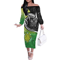 Personalised New Zealand Cook Islands Off The Shoulder Long Sleeve Dress Maori Tiki With Circle Stars Turtle LT05 Women Multicolor - Polynesian Pride