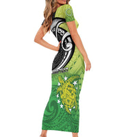 Personalised New Zealand Cook Islands Short Sleeve Bodycon Dress Maori Tiki With Circle Stars Turtle LT05 - Polynesian Pride