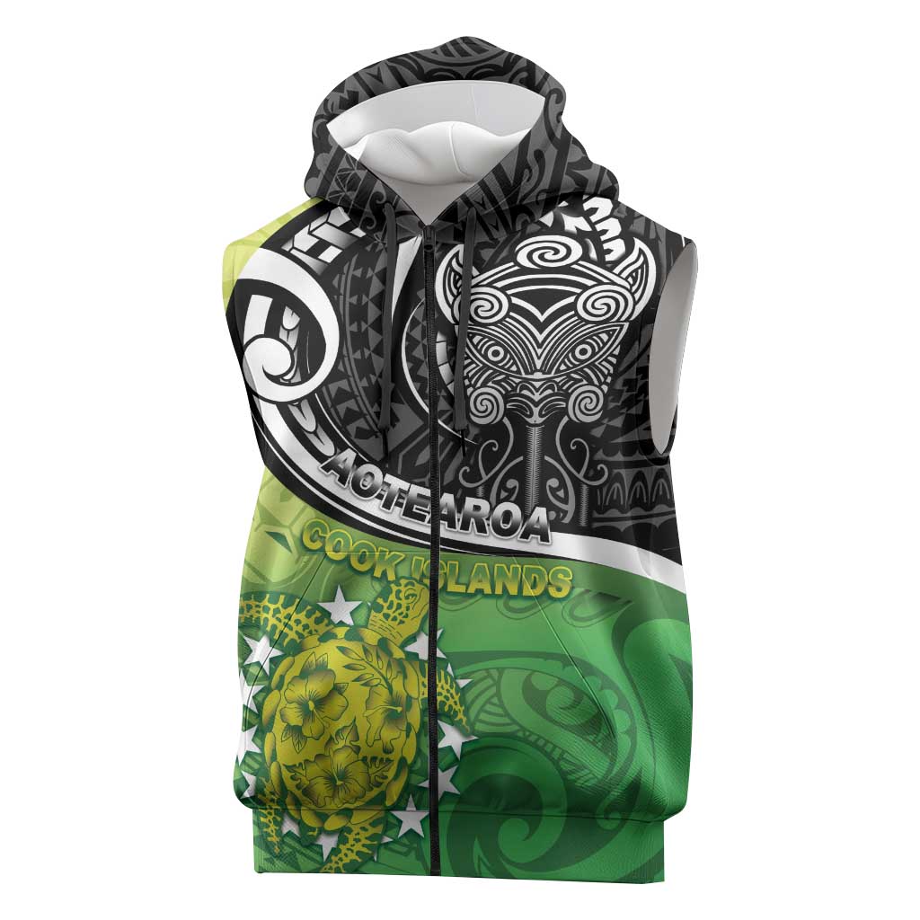 Personalised New Zealand Cook Islands Sleeveless Zip Hoodie Maori Tiki With Circle Stars Turtle LT05 Multicolor - Polynesian Pride