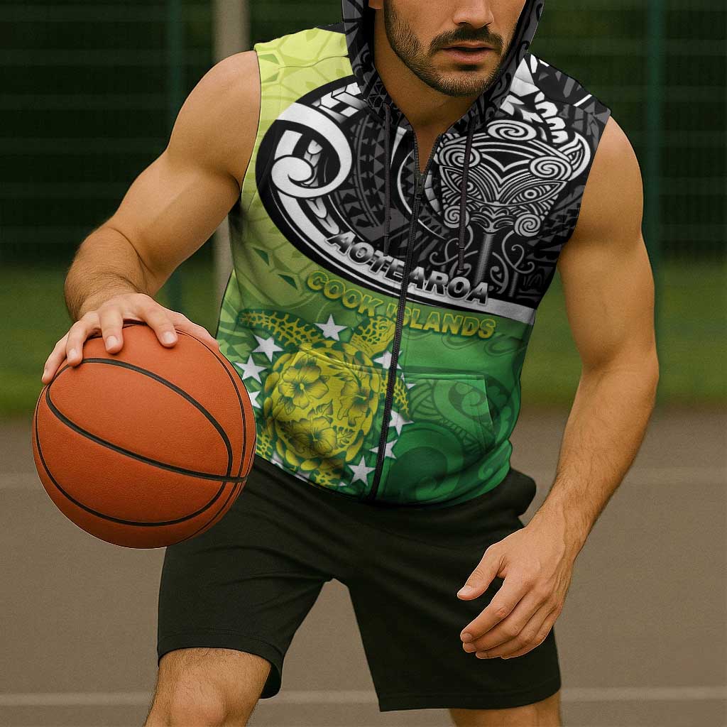 Personalised New Zealand Cook Islands Sleeveless Zip Hoodie Maori Tiki With Circle Stars Turtle LT05 - Polynesian Pride