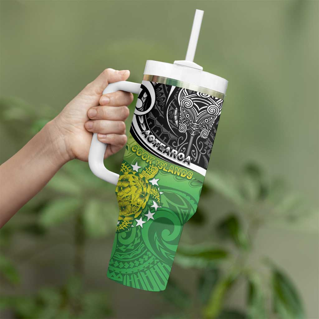 Custom New Zealand Cook Islands Tumbler With Handle Maori Tiki With Circle Stars Turtle - Polynesian Pride