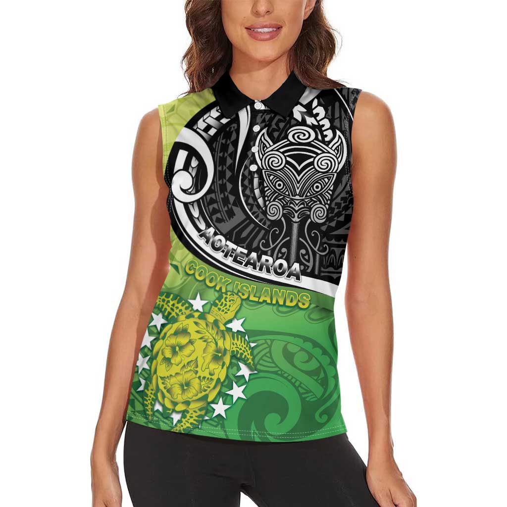 Personalised New Zealand Cook Islands Women Sleeveless Polo Shirt Maori Tiki With Circle Stars Turtle LT05 - Polynesian Pride