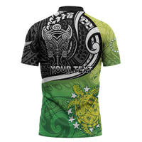 Personalised New Zealand Cook Islands Zipper Polo Shirt Maori Tiki With Circle Stars Turtle LT05 - Polynesian Pride