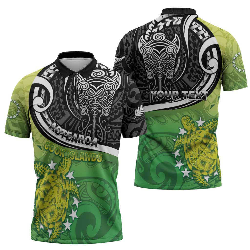 Personalised New Zealand Cook Islands Zipper Polo Shirt Maori Tiki With Circle Stars Turtle LT05 - Polynesian Pride