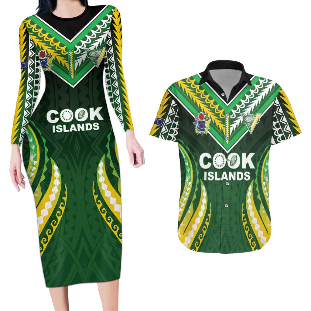 Custom Cook Islands Rugby Couples Matching Long Sleeve Bodycon Dress and Hawaiian Shirt Unique Style Green Version LT05 Green - Polynesian Pride