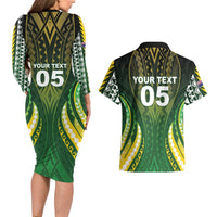 Custom Cook Islands Rugby Couples Matching Long Sleeve Bodycon Dress and Hawaiian Shirt Unique Style Green Version LT05 - Polynesian Pride