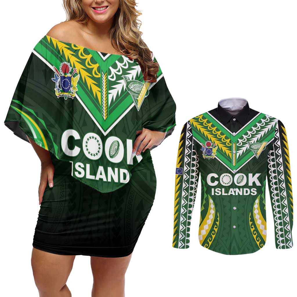 Custom Cook Islands Rugby Couples Matching Off Shoulder Short Dress and Long Sleeve Button Shirt Unique Style Green Version LT05 Green - Polynesian Pride