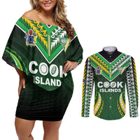 Custom Cook Islands Rugby Couples Matching Off Shoulder Short Dress and Long Sleeve Button Shirt Unique Style Green Version LT05 Green - Polynesian Pride