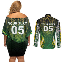 Custom Cook Islands Rugby Couples Matching Off Shoulder Short Dress and Long Sleeve Button Shirt Unique Style Green Version LT05 - Polynesian Pride