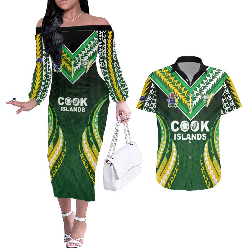 Custom Cook Islands Rugby Couples Matching Off The Shoulder Long Sleeve Dress and Hawaiian Shirt Unique Style Green Version LT05 Green - Polynesian Pride