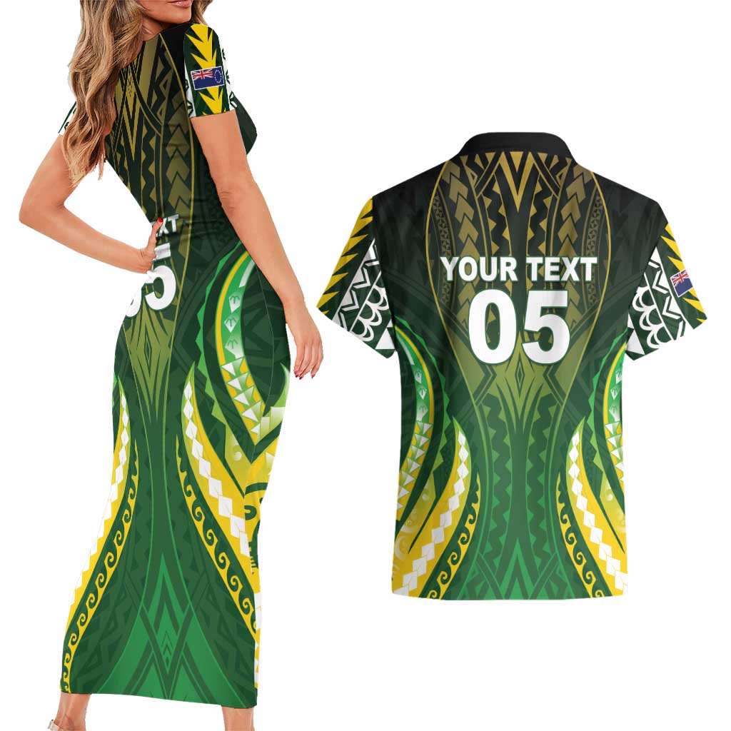 Custom Cook Islands Rugby Couples Matching Short Sleeve Bodycon Dress and Hawaiian Shirt Unique Style Green Version LT05 - Polynesian Pride