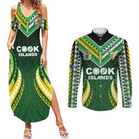 Custom Cook Islands Rugby Couples Matching Summer Maxi Dress and Long Sleeve Button Shirt Unique Style Green Version - Polynesian Pride