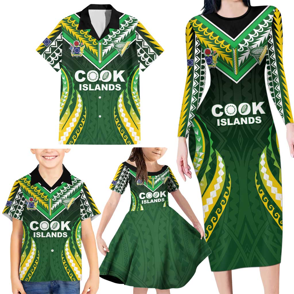 Custom Cook Islands Rugby Family Matching Long Sleeve Bodycon Dress and Hawaiian Shirt Unique Style Green Version - Polynesian Pride