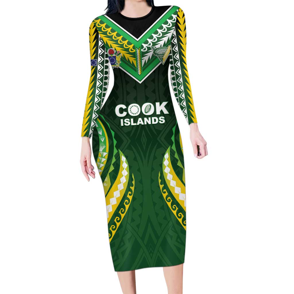Custom Cook Islands Rugby Family Matching Long Sleeve Bodycon Dress and Hawaiian Shirt Unique Style Green Version LT05 Mom's Dress Green - Polynesian Pride