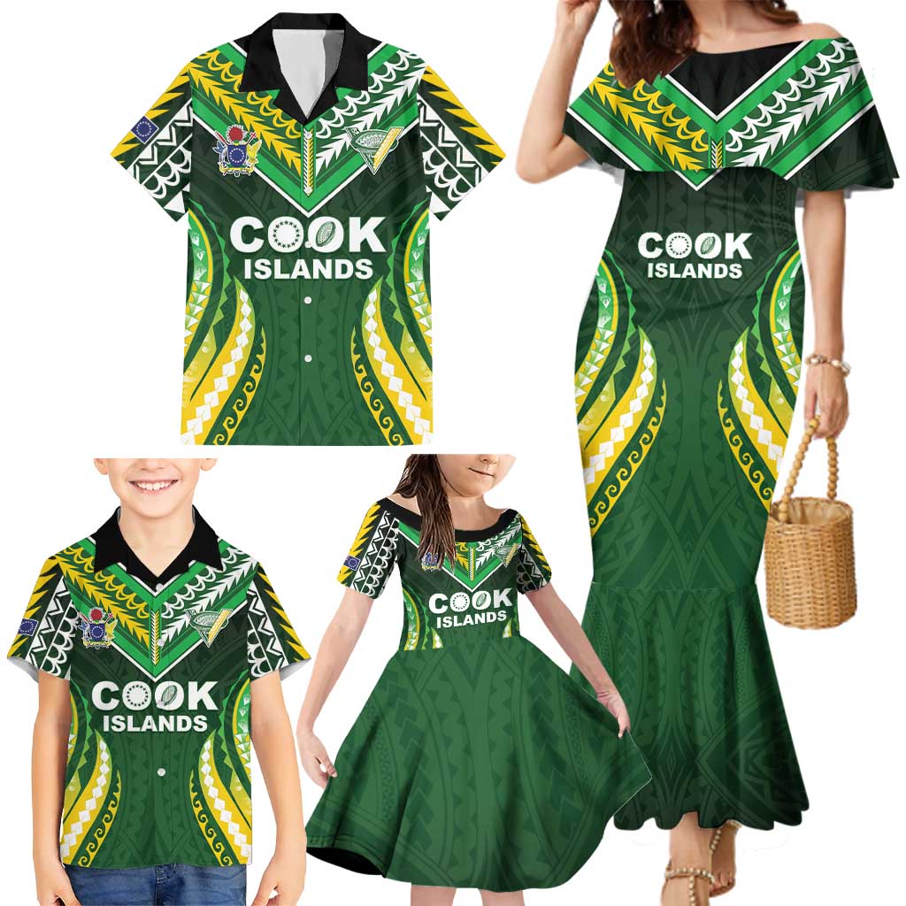 Custom Cook Islands Rugby Family Matching Mermaid Dress and Hawaiian Shirt Unique Style Green Version LT05 - Polynesian Pride
