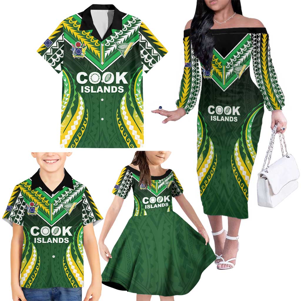 Custom Cook Islands Rugby Family Matching Off The Shoulder Long Sleeve Dress and Hawaiian Shirt Unique Style Green Version LT05 - Polynesian Pride