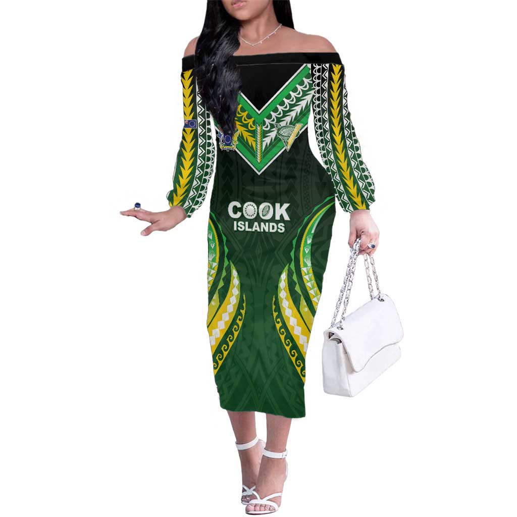 Custom Cook Islands Rugby Family Matching Off The Shoulder Long Sleeve Dress and Hawaiian Shirt Unique Style Green Version LT05 Mom's Dress Green - Polynesian Pride