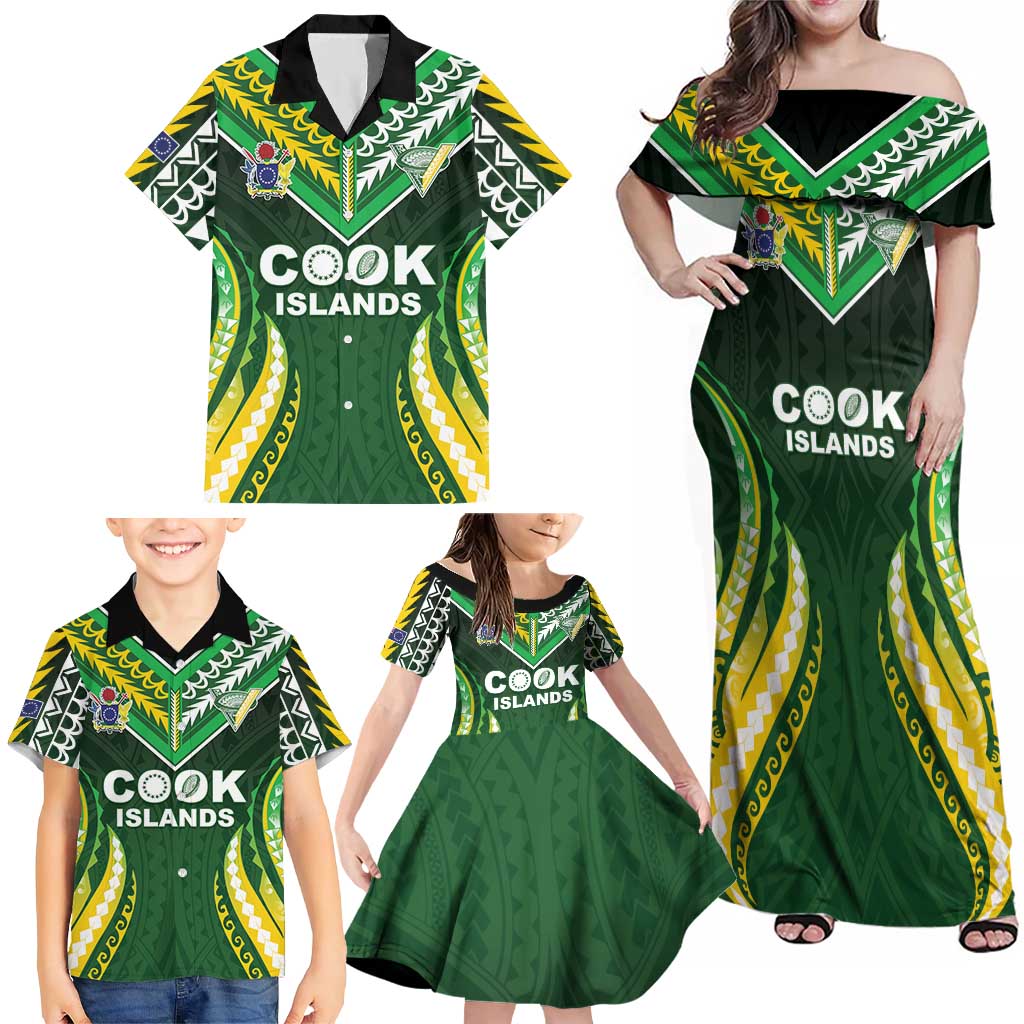 Custom Cook Islands Rugby Family Matching Off Shoulder Maxi Dress and Hawaiian Shirt Unique Style Green Version LT05 - Polynesian Pride