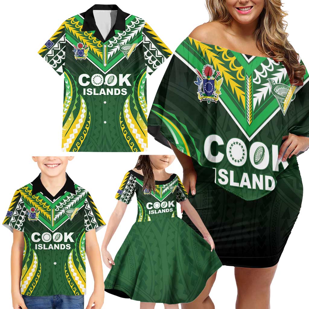 Custom Cook Islands Rugby Family Matching Off Shoulder Short Dress and Hawaiian Shirt Unique Style Green Version LT05 - Polynesian Pride