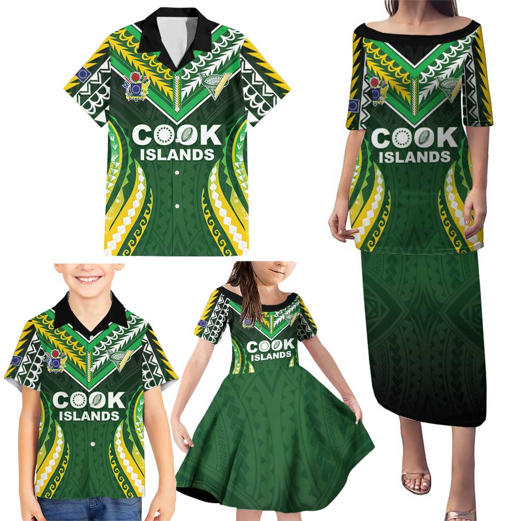 Custom Cook Islands Rugby Family Matching Puletasi and Hawaiian Shirt Unique Style Green Version LT05 - Polynesian Pride
