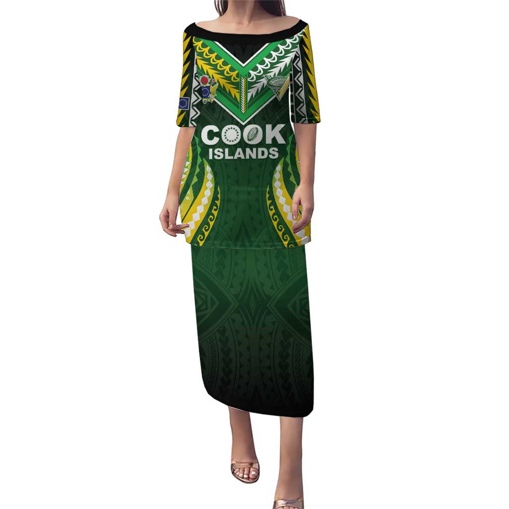 Custom Cook Islands Rugby Family Matching Puletasi and Hawaiian Shirt Unique Style Green Version LT05 Mom's Dress Green - Polynesian Pride
