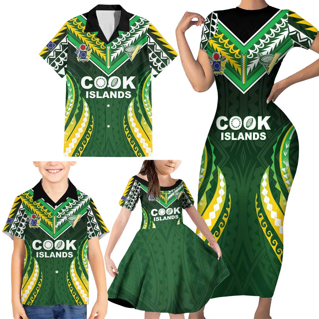 Custom Cook Islands Rugby Family Matching Short Sleeve Bodycon Dress and Hawaiian Shirt Unique Style Green Version LT05 - Polynesian Pride