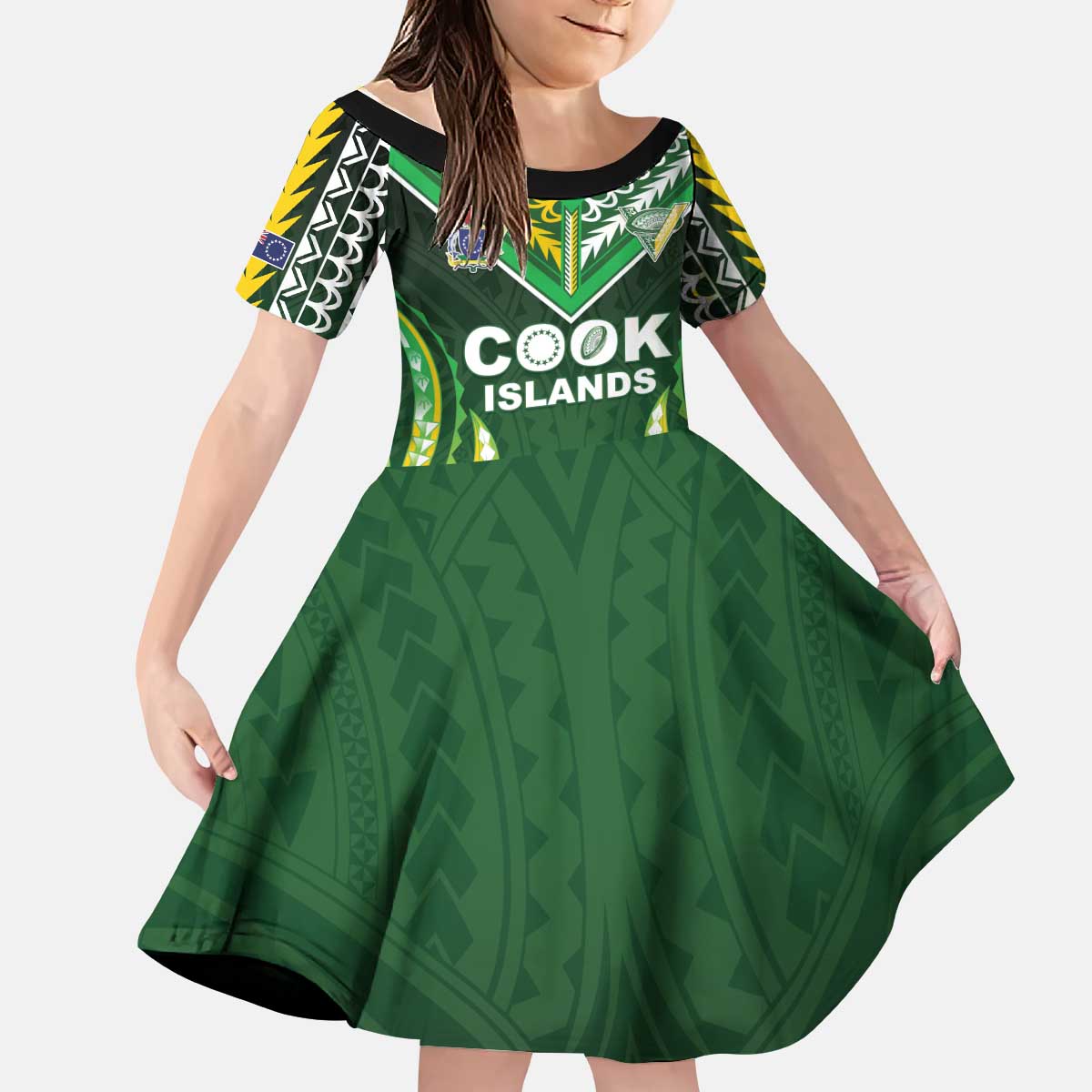 Custom Cook Islands Rugby Kid Short Sleeve Dress Unique Style Green Version - Polynesian Pride