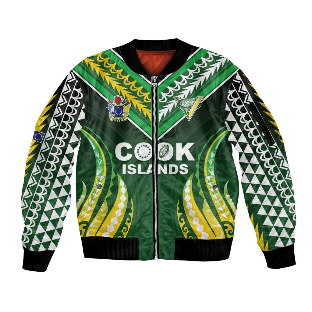 Custom Cook Islands Rugby Sleeve Zip Bomber Jacket Unique Style Green Version LT05 Unisex Green - Polynesian Pride