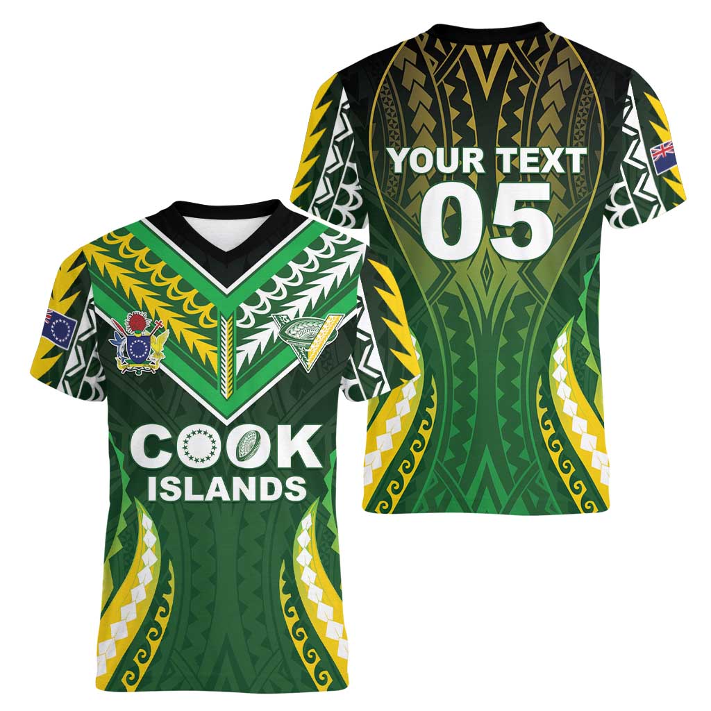 Custom Cook Islands Rugby Women V-Neck T-Shirt Unique Style Green Version LT05 - Polynesian Pride
