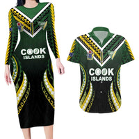 Custom Cook Islands Rugby Couples Matching Long Sleeve Bodycon Dress and Hawaiian Shirt Unique Style Black Version - Polynesian Pride