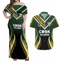 Custom Cook Islands Rugby Couples Matching Off Shoulder Maxi Dress and Hawaiian Shirt Unique Style Black Version LT05 Black - Polynesian Pride