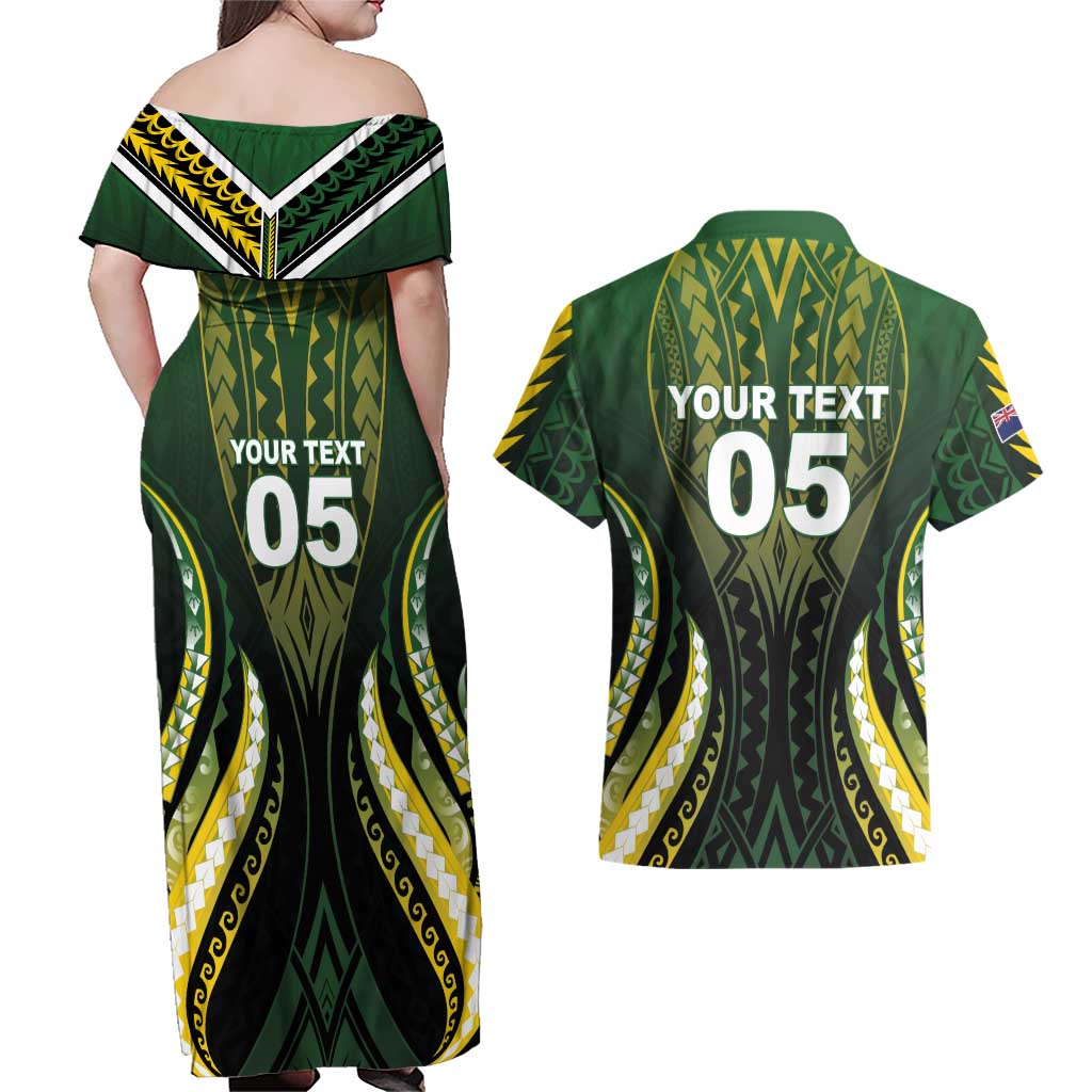 Custom Cook Islands Rugby Couples Matching Off Shoulder Maxi Dress and Hawaiian Shirt Unique Style Black Version LT05 - Polynesian Pride