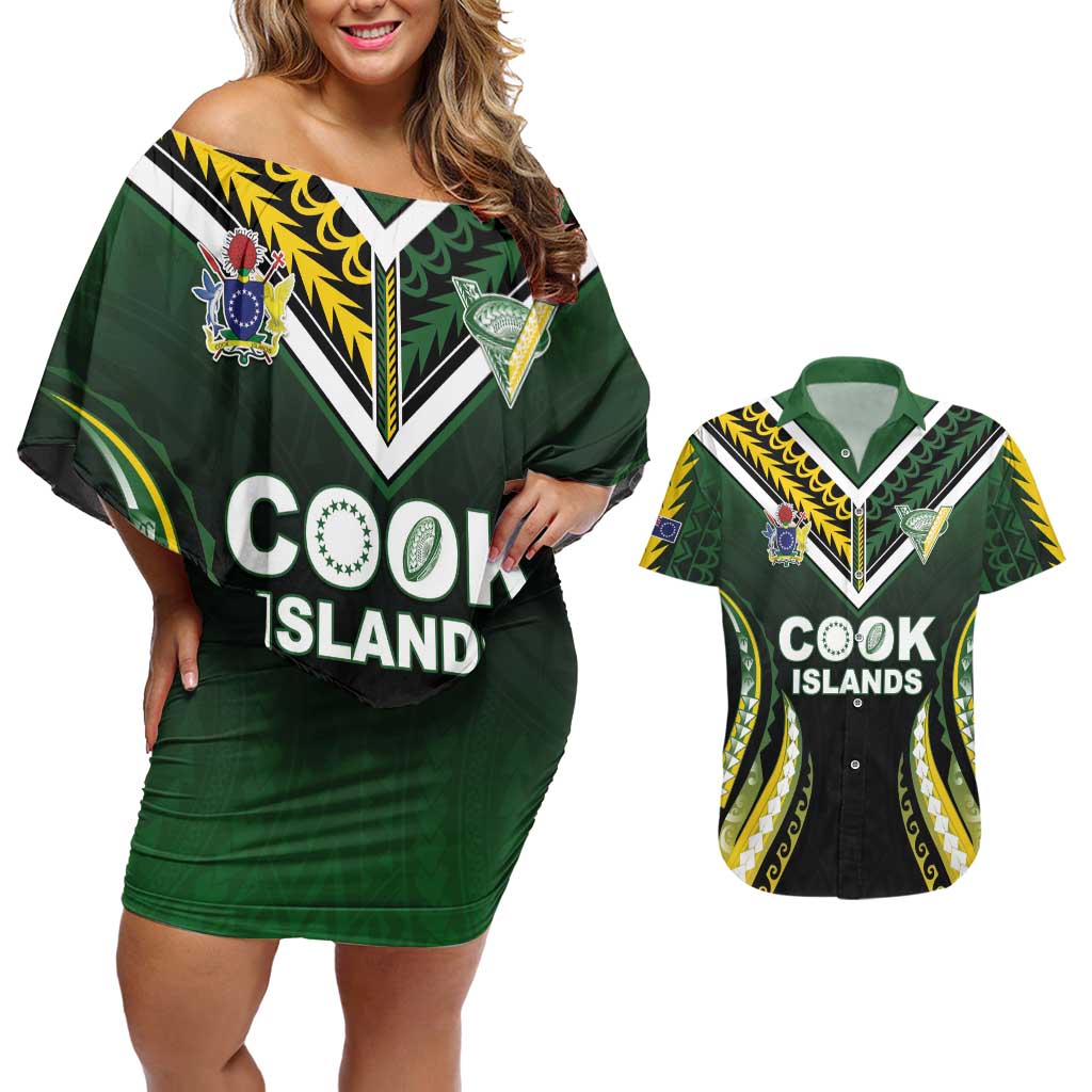Custom Cook Islands Rugby Couples Matching Off Shoulder Short Dress and Hawaiian Shirt Unique Style Black Version - Polynesian Pride