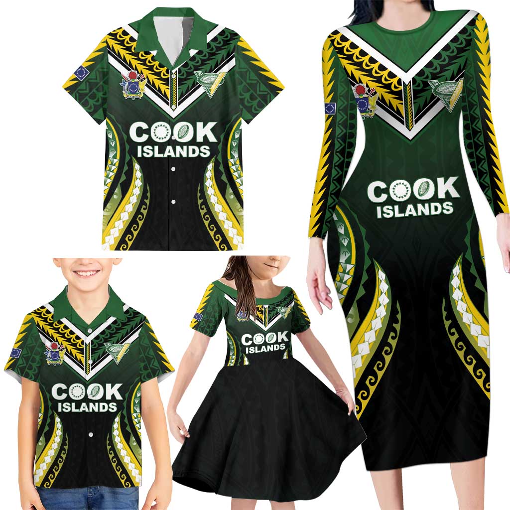 Custom Cook Islands Rugby Family Matching Long Sleeve Bodycon Dress and Hawaiian Shirt Unique Style Black Version LT05 - Polynesian Pride