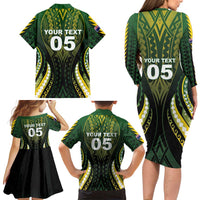 Custom Cook Islands Rugby Family Matching Long Sleeve Bodycon Dress and Hawaiian Shirt Unique Style Black Version LT05 - Polynesian Pride