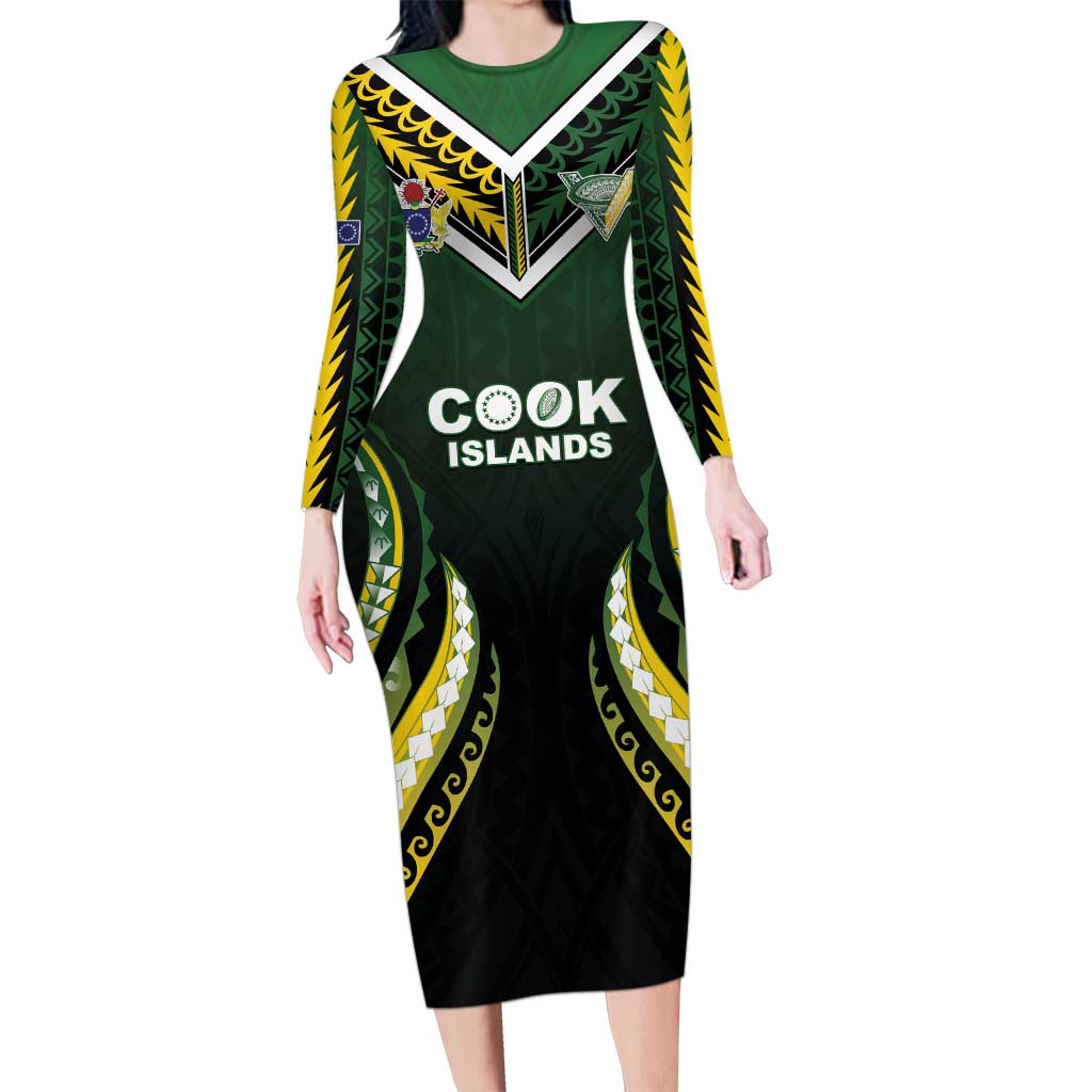 Custom Cook Islands Rugby Family Matching Long Sleeve Bodycon Dress and Hawaiian Shirt Unique Style Black Version LT05 Mom's Dress Black - Polynesian Pride