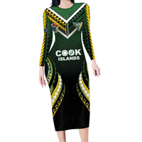 Custom Cook Islands Rugby Family Matching Long Sleeve Bodycon Dress and Hawaiian Shirt Unique Style Black Version LT05 Mom's Dress Black - Polynesian Pride