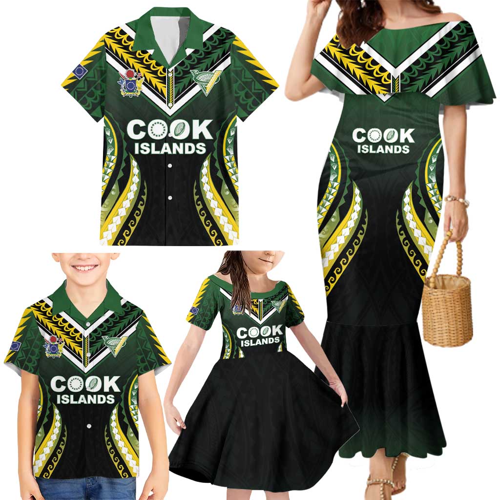 Custom Cook Islands Rugby Family Matching Mermaid Dress and Hawaiian Shirt Unique Style Black Version LT05 - Polynesian Pride
