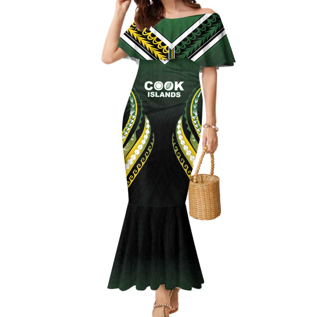 Custom Cook Islands Rugby Family Matching Mermaid Dress and Hawaiian Shirt Unique Style Black Version LT05 Mom's Dress Black - Polynesian Pride