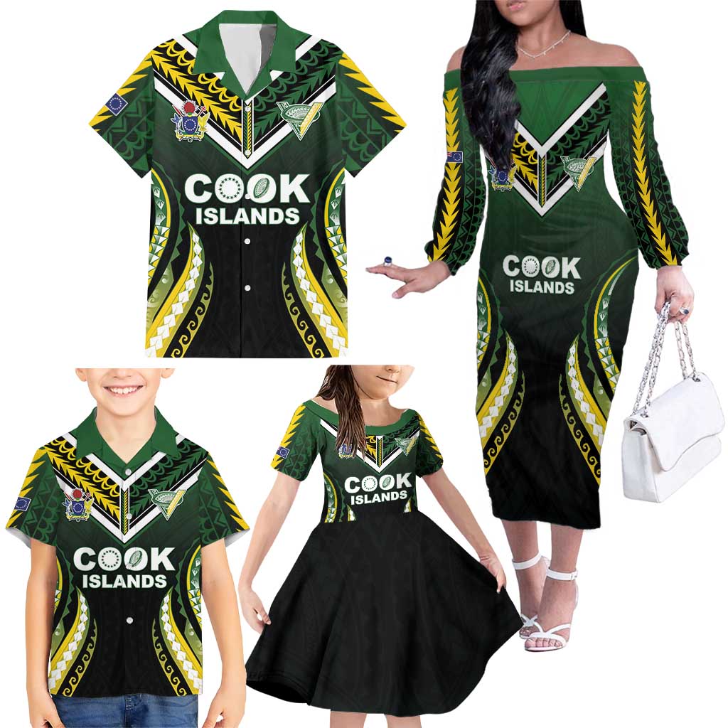 Custom Cook Islands Rugby Family Matching Off The Shoulder Long Sleeve Dress and Hawaiian Shirt Unique Style Black Version - Polynesian Pride