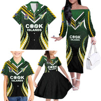 Custom Cook Islands Rugby Family Matching Off The Shoulder Long Sleeve Dress and Hawaiian Shirt Unique Style Black Version LT05 - Polynesian Pride