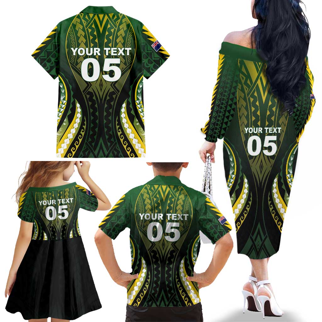Custom Cook Islands Rugby Family Matching Off The Shoulder Long Sleeve Dress and Hawaiian Shirt Unique Style Black Version LT05 - Polynesian Pride