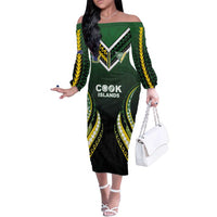 Custom Cook Islands Rugby Family Matching Off The Shoulder Long Sleeve Dress and Hawaiian Shirt Unique Style Black Version LT05 Mom's Dress Black - Polynesian Pride
