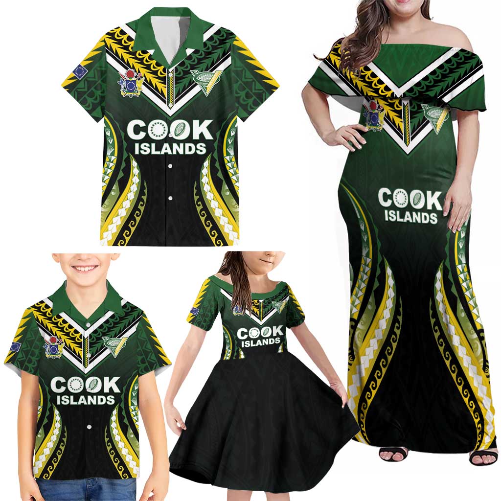 Custom Cook Islands Rugby Family Matching Off Shoulder Maxi Dress and Hawaiian Shirt Unique Style Black Version LT05 - Polynesian Pride