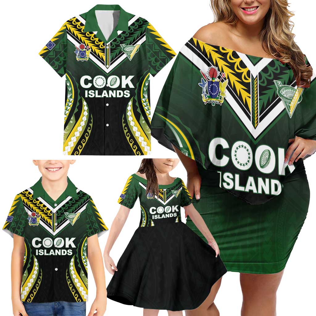 Custom Cook Islands Rugby Family Matching Off Shoulder Short Dress and Hawaiian Shirt Unique Style Black Version LT05 - Polynesian Pride