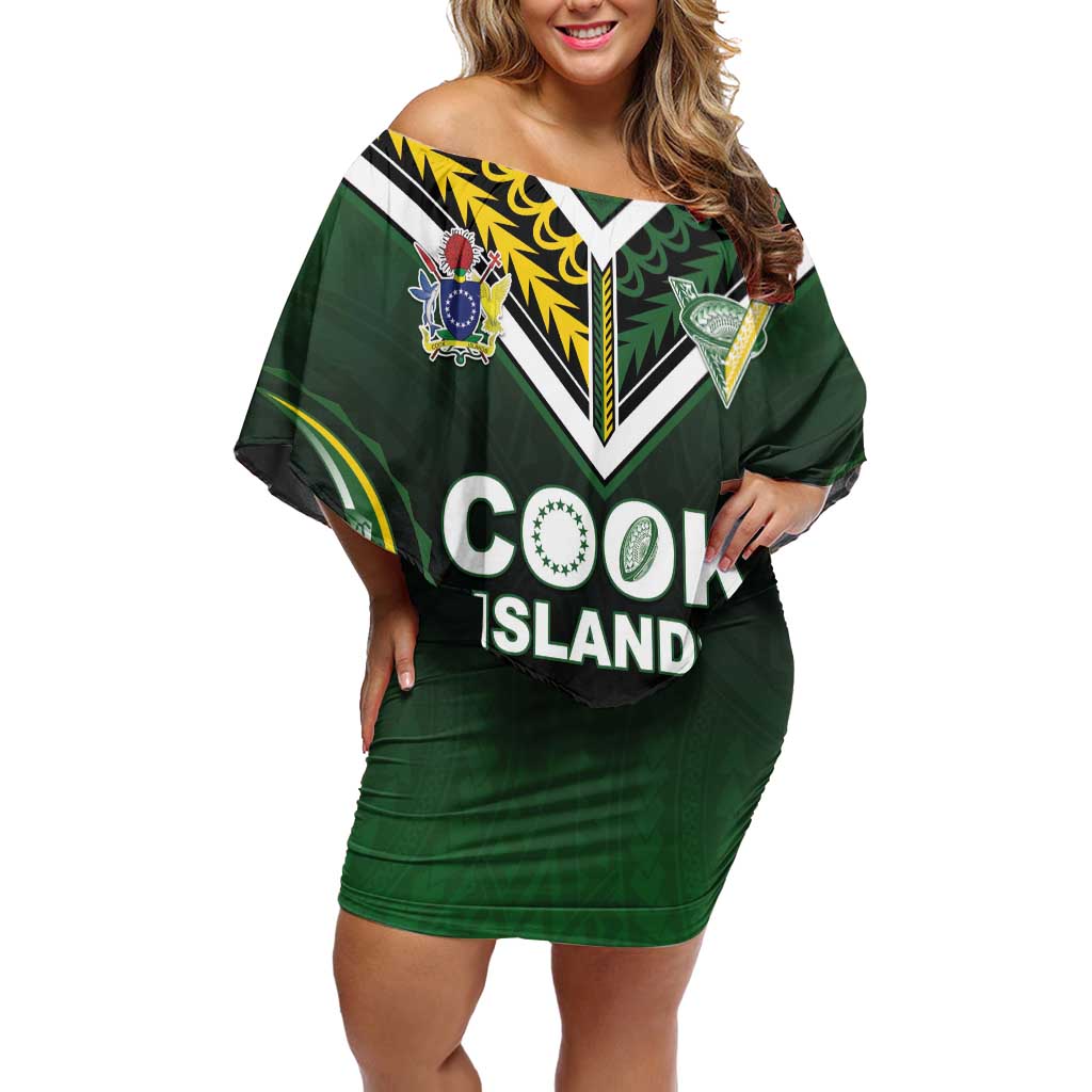 Custom Cook Islands Rugby Family Matching Off Shoulder Short Dress and Hawaiian Shirt Unique Style Black Version LT05 Mom's Dress Black - Polynesian Pride