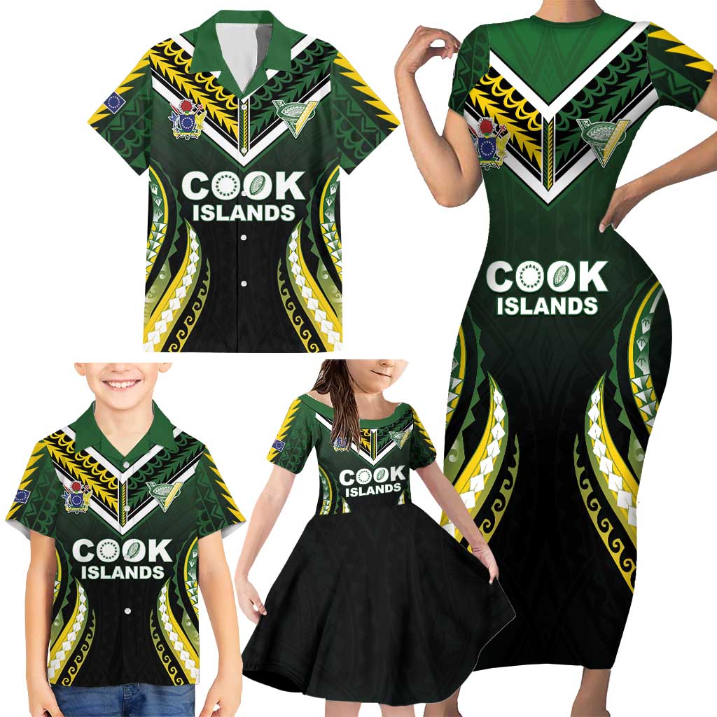 Custom Cook Islands Rugby Family Matching Short Sleeve Bodycon Dress and Hawaiian Shirt Unique Style Black Version LT05 - Polynesian Pride