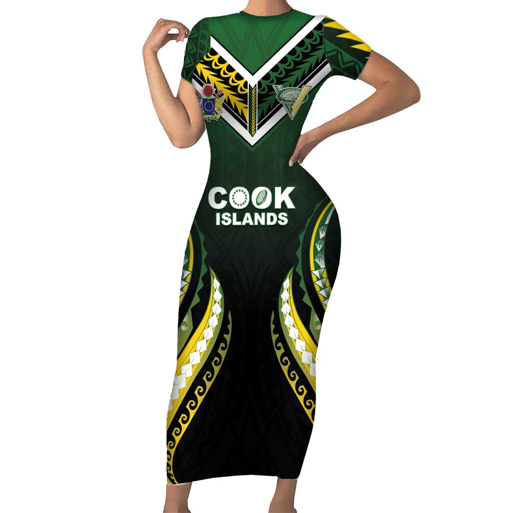 Custom Cook Islands Rugby Family Matching Short Sleeve Bodycon Dress and Hawaiian Shirt Unique Style Black Version LT05 Mom's Dress Black - Polynesian Pride